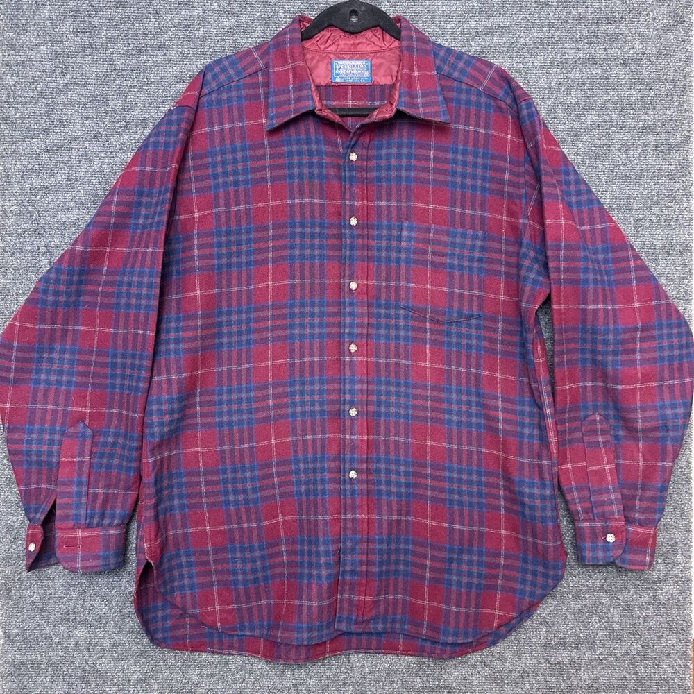 Vtg Pendleton Mens Wool Flannel Plaid Red Button Up Long Sleeve Shirt - XL